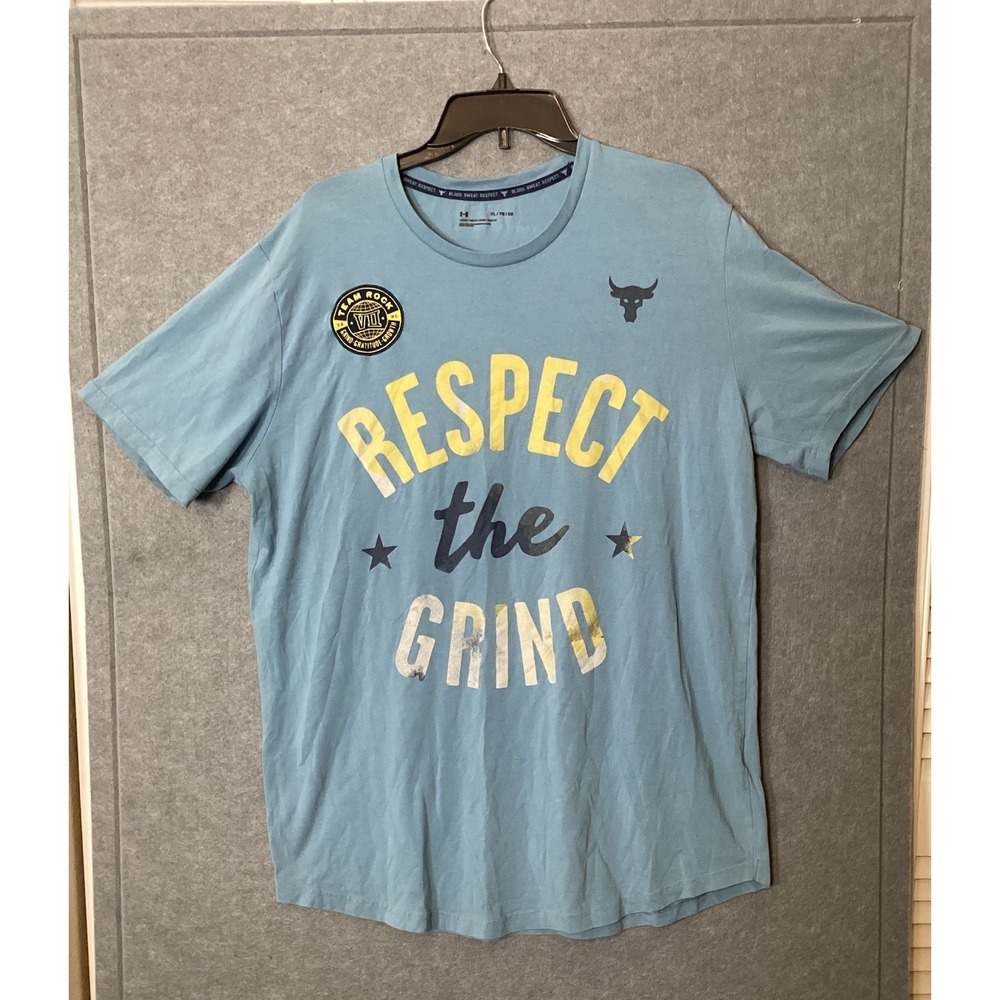 Under Armour Project Rock Shirt XL Blue Respect the Grind Brahma Bull Gym Sport